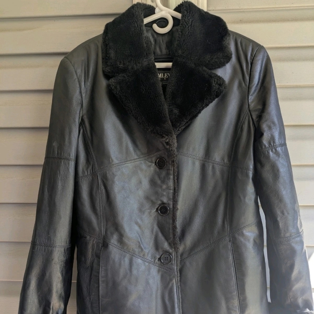 Women's Black Leather Jacket with Faux Fur Collar